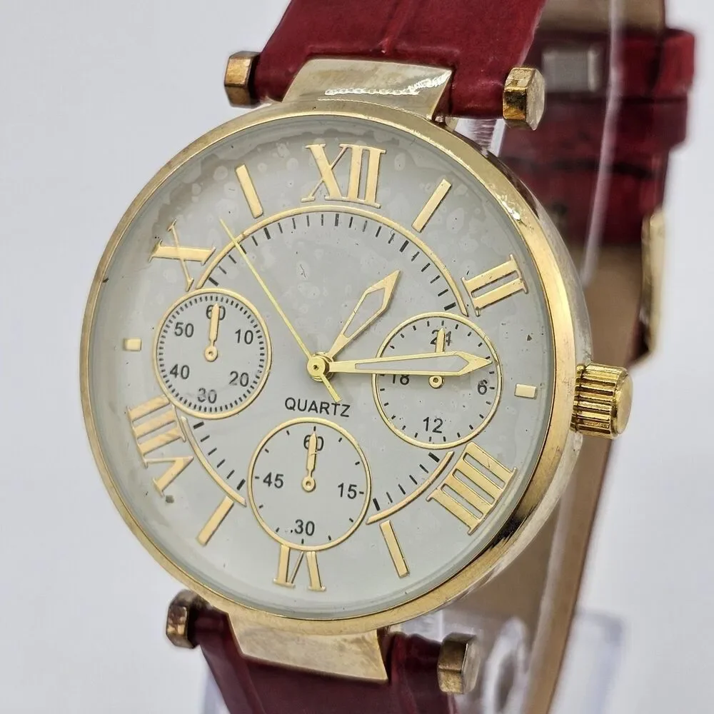 Women's Watch 38MM Cream Dial Roman‎ Numerals Red Faux Leather Bands New Battery